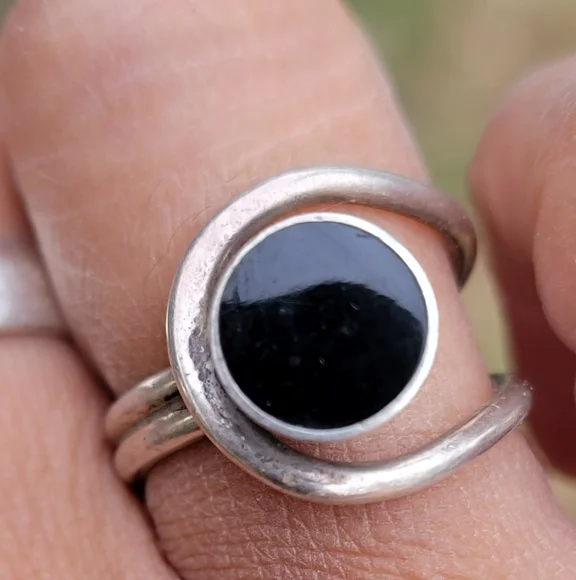 Vintage Southwestern modernist 925 sterling silver MEXICO onyx inlay ring TAXCO - Picture 1 of 17